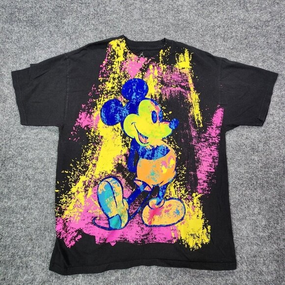 Disney Men's Retro Mickey Mouse Bright Neon Paint Splash Shirt Black Large Tee - Picture 1 of 9